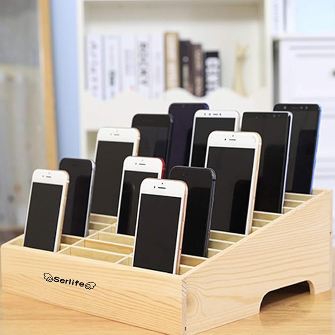 Wood Cell Phones Storage Box Calculator Management Mobile Phone Holder Classroom Office, Meeting Room Desktop Organizer (Maple, 12 Cells)