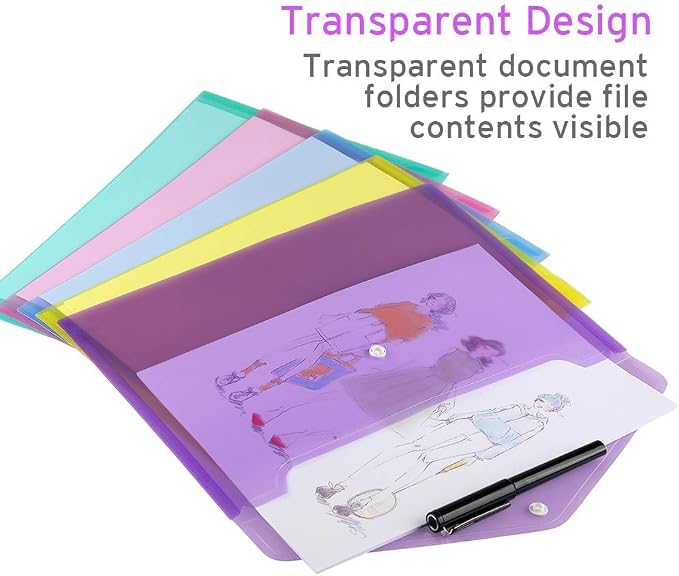 Sooez 12 Pack Folders Plastic Envelopes with Snap Closure, Clear Plastic File Folder for Document, Letter A4 Size Poly File Envelopes with Label Pocket for Home Work Office Organizer, 5 Colors