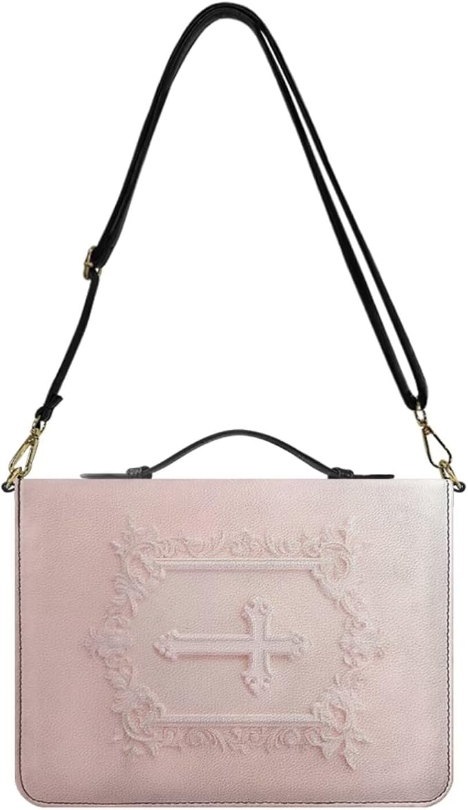 2XL Bible Cover for Women, PU Leather Bible Case with Strap and Handle, Faux Embossed Crucifix Print Biblia Organizer with Inner Pockets and Pen Loop, Church Bags for Women