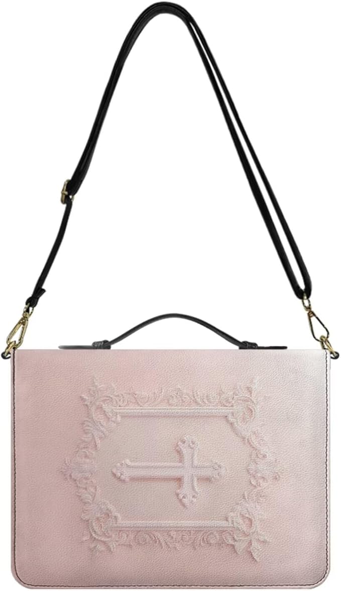 2XL Bible Cover for Women, PU Leather Bible Case with Strap and Handle, Faux Embossed Crucifix Print Biblia Organizer with Inner Pockets and Pen Loop, Church Bags for Women