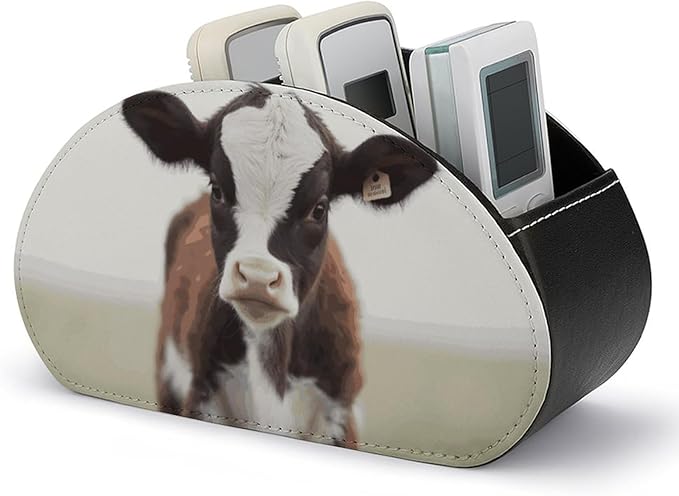 Baby Cow Remote Control Holder with 5 Compartments - PU Leather TV Remote Holder Remote Caddy Desktop Organizer Makeup Brush Holder, Remote Storage Box for Home Office