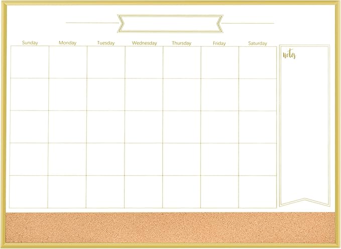 Whiteboard Calendar & Corkboard, 14.5" x 10.5" Dry Erase White Board & Bulletin Board, Gold Aluminum Frame Calendar/Cork Combo Board(ZHYL-Gold-2737-B)