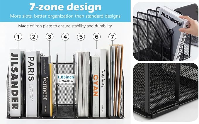 7-Section Vertical Mesh File Sorter, Black Metal Desktop Document Organizer with Extra Wide Spacing, Metal Paper Holder for Home Office Classroom Desk Storage