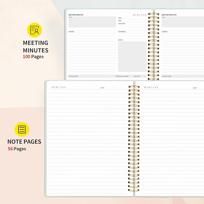 SUNEE Meeting Notebook for Work with Sticky Tabs - 160 Pages, B5 Size Project Planner, Spiral Meeting Agenda/Minutes Notebook Organizer for Women Men, Note Taking, Office & Business,7"x10", Sage Green
