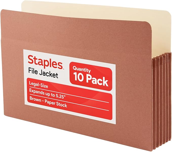 Staples Reinforced File Pockets, Legal Size, 5.25‑Inch Expansion, Heavy‑Duty Brown Accordion Folders with Strong Gussets – 10/Pack