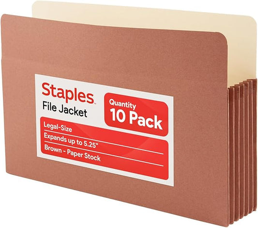 Staples Reinforced File Pockets, Legal Size, 5.25‑Inch Expansion, Heavy‑Duty Brown Accordion Folders with Strong Gussets – 10/Pack