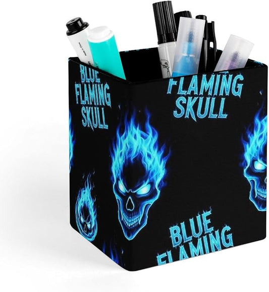 Holder Cup Makeup Brush Storage Organizer, Waterproof Multifunctional Office Supplies, Pen Holder Square Leather Pencil Blue Flaming Fire Skull