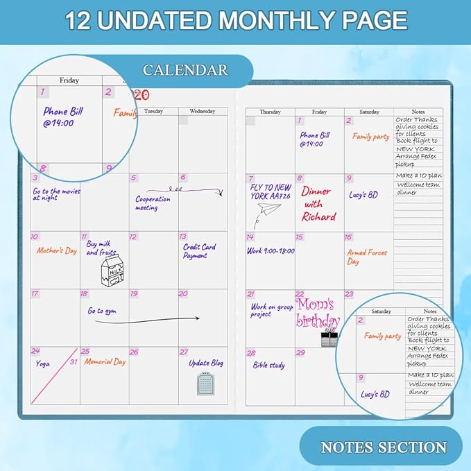 Undated Planner for Any Year - Weekly & Monthly Planner & Journal to Track Goals, Perfect to Organize Your Daily Life, 5.85" x 8.25", Blue