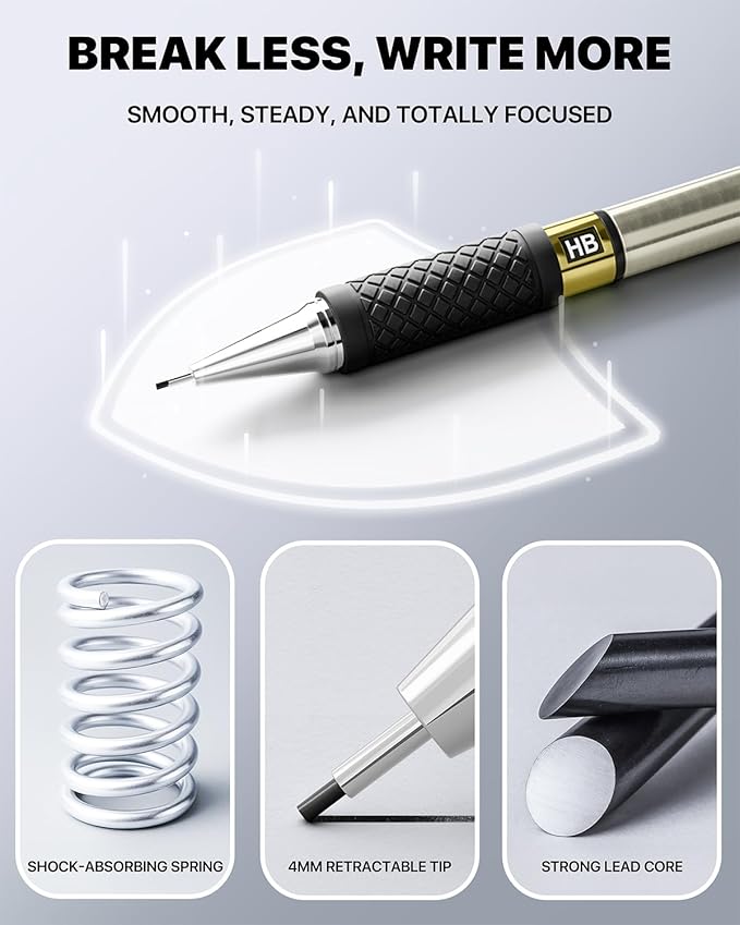 3PCS Metal Mechanical Pencil Set with 0.7mm Medium Point, 360 Leads, 12 Erasers, Art Mechanical Pencils Pack with Storage Case for School Writing, Sketching, Drawing & Professional Drafting