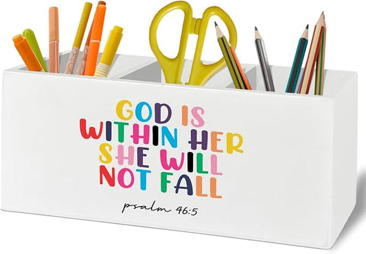 Christian Inspirational Pen Pencil Holder Organizer for Desk Accessories, God Is Within Her She Will Not Fall Bible Verse Wooden Box Sign Desk Decor for Home Office Decoration