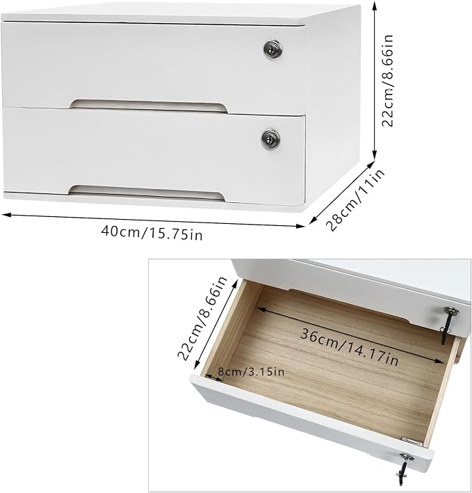 2-Tier Desk Organizer with Lockable Drawers, 2 Pairs of Keys, Wooden Desktop Storage Box, Categorized Storage Desktop File Cabinet(White)…