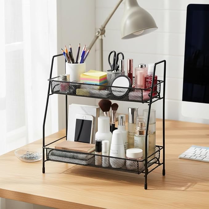 2-Tier Metal Mesh Desk Organizer - Portable Desktop Storage Rack for Office Supplies, Pen Holder, Paper, Makeup - Wall/Tabletop Mount, Powder Coated Black, Home School Cubicle Accessories