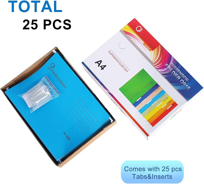 A4 Hanging File Folders, 25 Pcs Recycled Card File Folders for Filing Cabinet with Tabs and Card Inserts, Hanging Files Storage Folders for Office and School, Light Blue