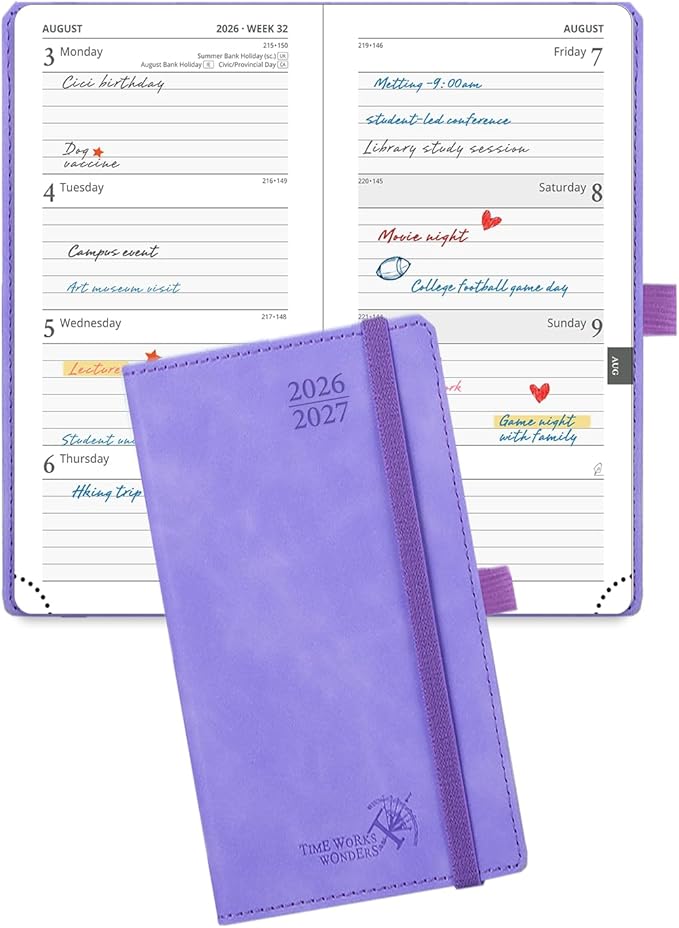 POPRUN 2026-2027 Pocket Weekly Planner for Purse, 3.5" x 6.5" Slim Size, Small Calendar from August 2026 to December 2027, Hardcover Appointment Book with Horizontal Layout, Monthly Calendar, 70 GSM Paper - Lilac