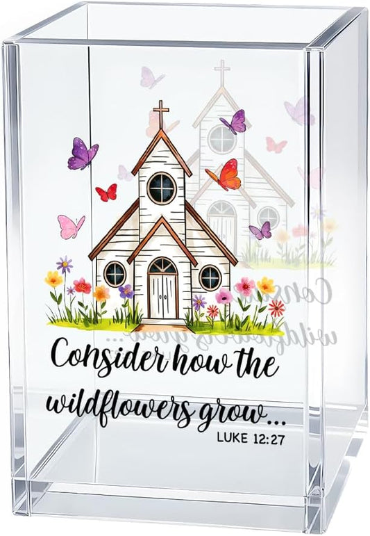 Consider How The Wildflowers Grow Bible Pen Holder Makeup Organizer, Funny Christian Acrylic Pencil Pen Holder for Desk, Luke 12:27 Bible Verse Pencil Cup, Religious Gifts for Book Lover Teacher