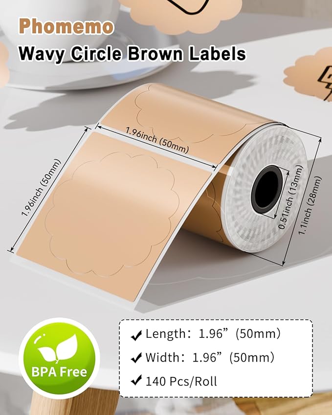 Phomemo Thermal Labels-Brown Round Kind of Flower Shaped 1.96" x 1.96"(50x50 mm) for Barcode,Address,Business,Logo,DIY,Home Tag, for M110/M220/M221/M100/M250 Label Maker, Black on Brown, 140/roll