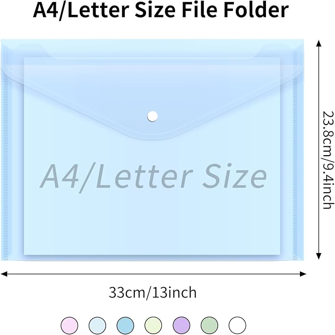 EOOUT 48pcs Plastic Envelopes, Plastic Folders for Documents, Poly Folders with Snap Closure, A4 Size, Letter Size, for School and Office Supplies
