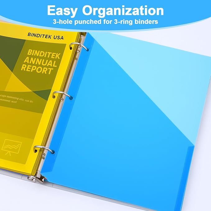 50 Pack Binder Pockets 3 Hole Punch Clear Plastic Document Folders Binder Organizer Store Letter Size 9.25 x 11.25 Inch Paper Plastic Folders with Pockets Slash File Jacket for Office (5 Colors)