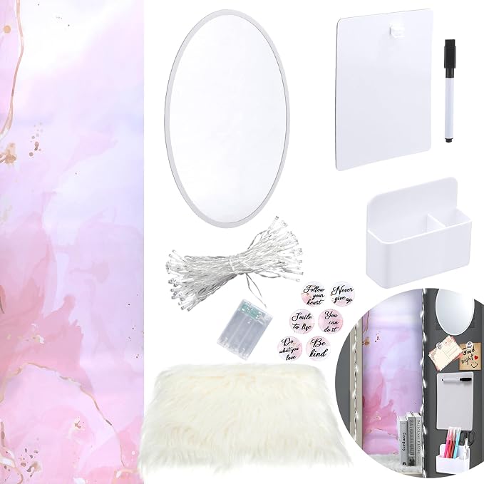 Timgle 13 Pcs School Locker Organizer and Decorating Kit Pink Marble Magnetic Wallpaper Whiteboard Magnetic Cup Mirror Marker Magnets Faux Fur Cushion String Lights for Back to School Supplies
