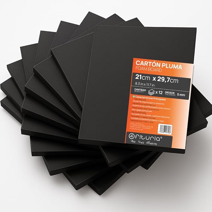 OFITURIA Foam Board, Black, A4 (21 x 29.7 cm), Pack of 12, Expanded Polystyrene Plate, Lightweight and Rigid, Foam Board, Versatile and Cuttable, for Crafts and Models, 5 mm