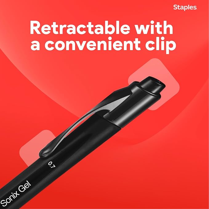 STAPLES Retractable Gel Pens, Medium Point 0.7mm, Black Ink, 12 Pack – Sonix Crisp‑Line Gel Pens with Pocket Clip