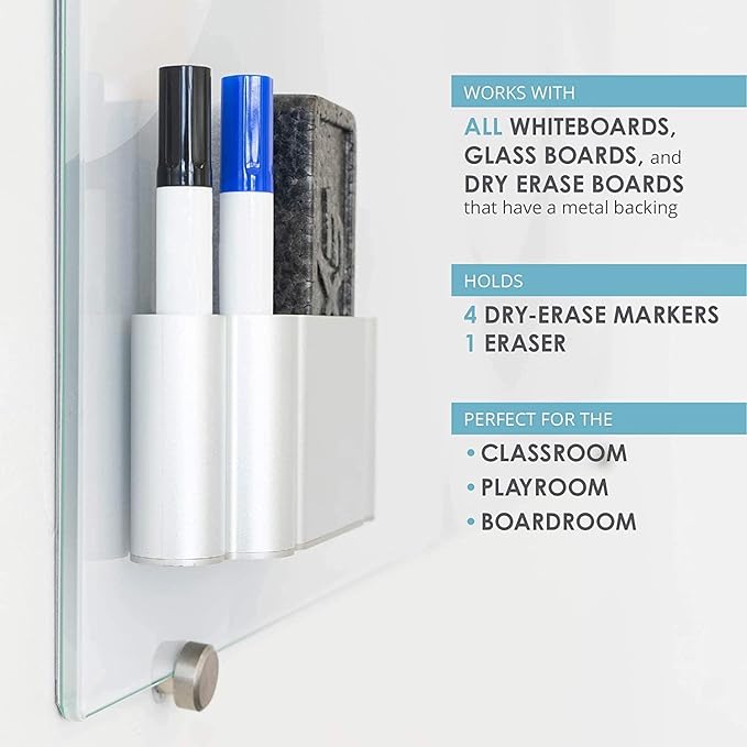 Glassboard Studio Magnetic Dry Erase Marker Holder - Aluminum Organizer with Powerful Neodymium Magnets for Magnetic Glassboards, Whiteboards, Refrigerator, Locker - White board Accessories & Storage