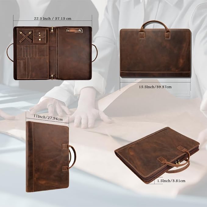 Genuine Leather Portfolio, Padfolio Organizer with Handle, Personalized Padfolio，Padfolio with Zipper for Men Women，Suitable for 15-inch Laptop Legal Pad Padfolio, Dark Khaki