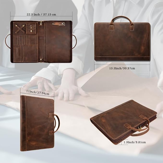 Genuine Leather Portfolio, Padfolio Organizer with Handle, Personalized Padfolios，Padfolios with Zipper for Men Women，Suitable for 15-inch Laptop Legal Pad Padfolio, Dark Khaki