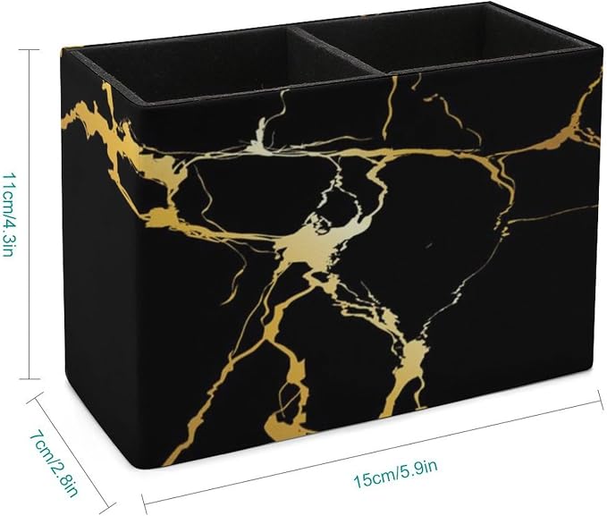 Square Pen Holder Black Marble Gold Texture for Desk, Leather Pencil Container Decoration Office Desk Home, Study Table Pen Organizer, Pencil Organizer