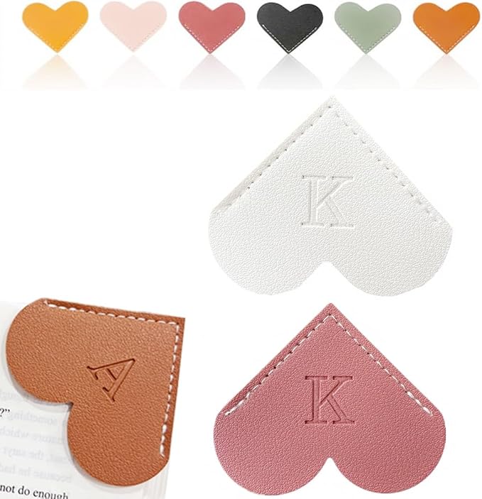 Personalized Leather Heart Bookmark, 26 Letters Customized Corner Book Mark for Reading Women, Book Marker with Initials，Cute Gifts (White+Deep Pink, K)