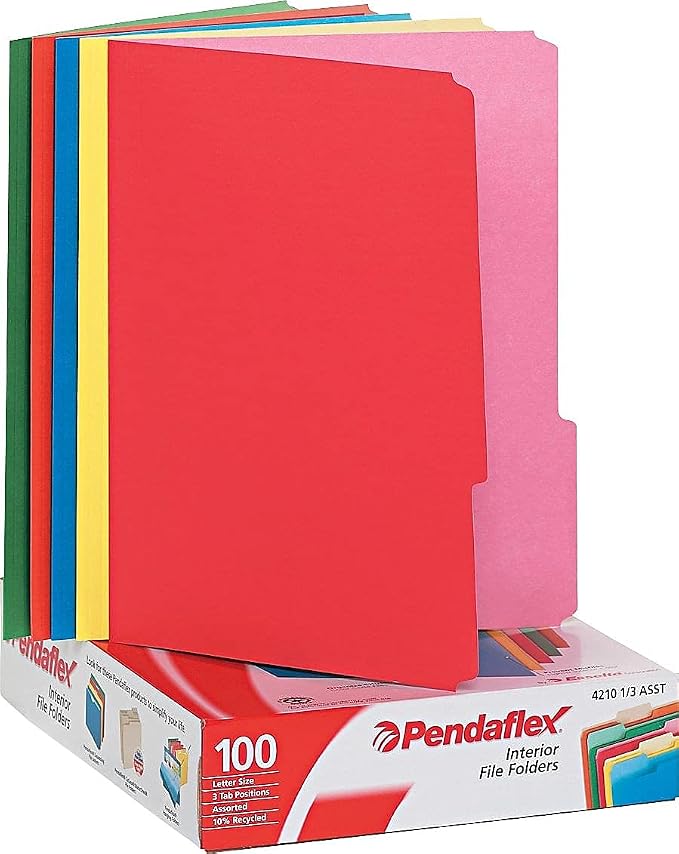 Pendaflex Interior File Folders, 1/3 Cut, Top Tab, Letter Size, Assorted, 100 per Box (4210 1/3 ASST)