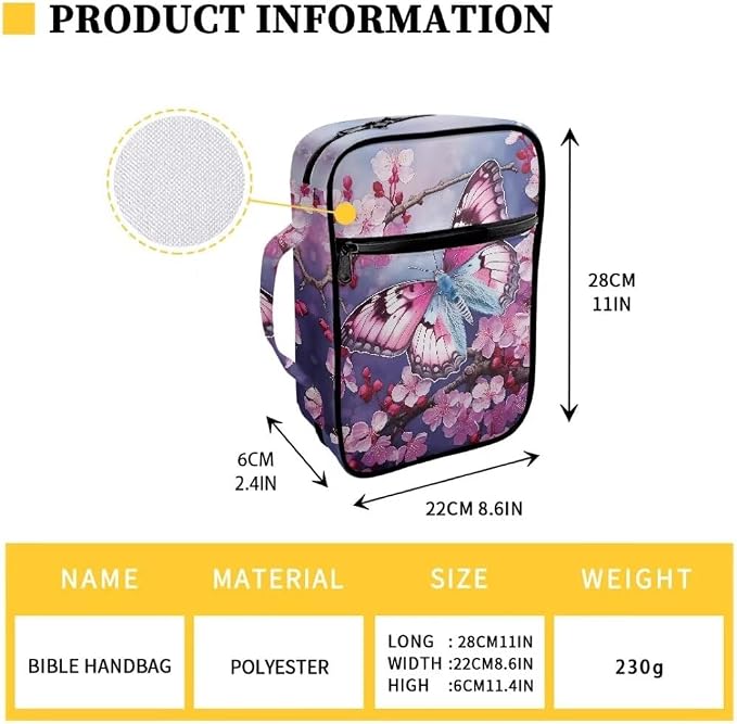 Coldinair Butterfly Bible Cover for Women Nylon Bible Holder Carrier Peach Blossom Carrying Organizer Bible Bag, Zipper and Pockets for Standard Large Size Bible