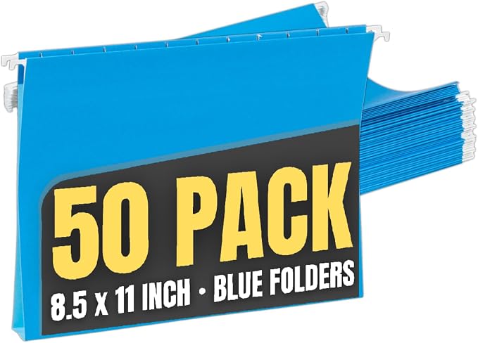 1InTheOffice Blue Hanging File Folders Letter Size, Adjustable Tabs, Letter Size File Folders Hanging, File Cabinet Dividers, 50 Pack