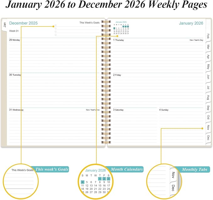 Planner 2026 For Women & Men - Monthly and Weekly Calendar Planner from January 2026 - December 2026, Student Planning with 12 Tabs for Office School Supplies, Inner Pocket, 8.5" x 11", Beige