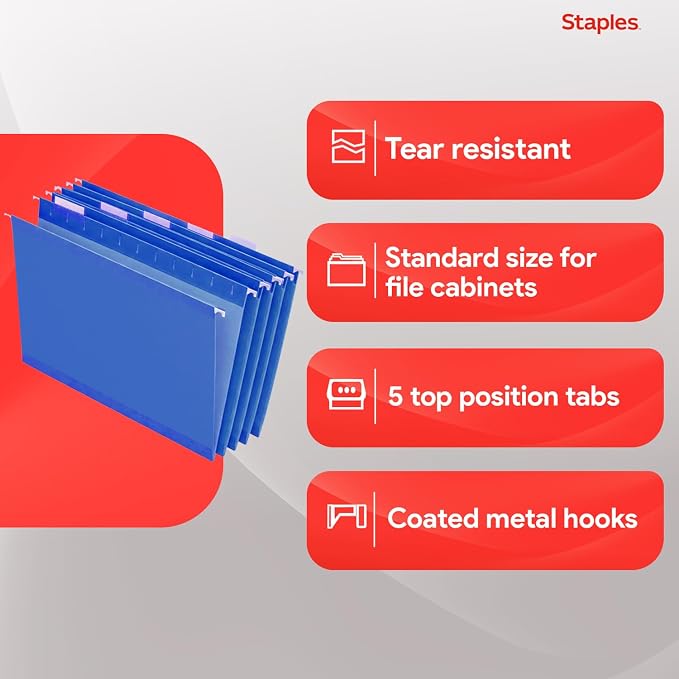 Staples Hanging File Folders, Letter Size, Blue, 5‑Tab, 1/5‑Cut Tabs, Includes Tabs & Inserts – 25/Pack