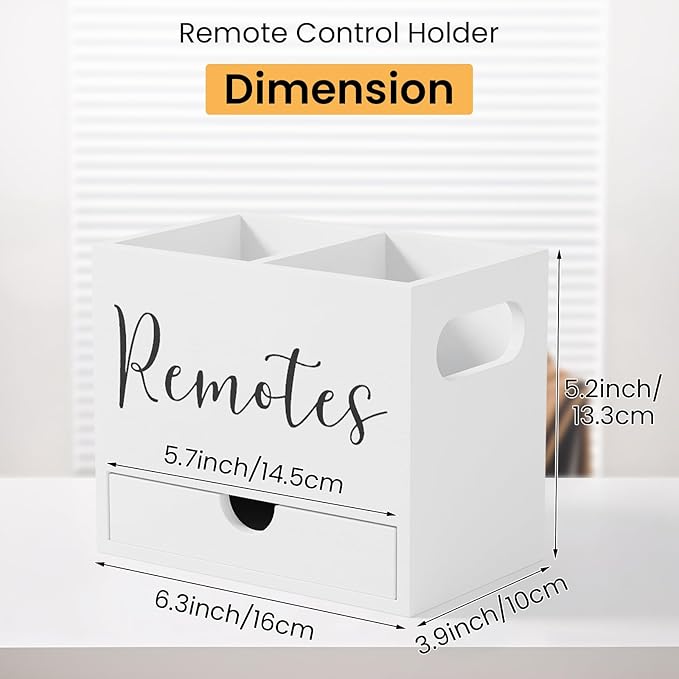 Remote Control Holder, TV Remote Holder with Drawer, Wood Remote Control Organizer for Table, Media Storage Box for Nightstand, Living Room (White,2 Slots)