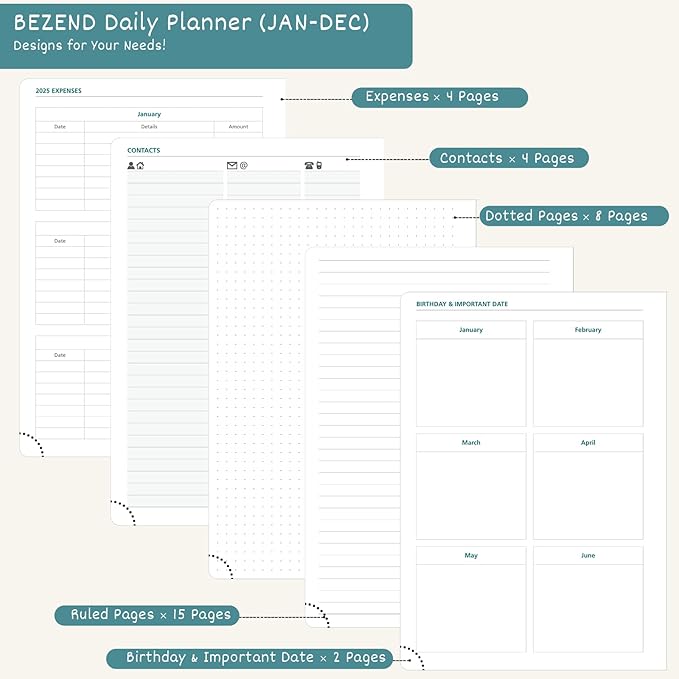 BEZEND Daily Planner 2026 (6" x 8.5") Full Page per Day Even Weekend (Jan-Dec) Monthly Calendar with Tabs, 2 Columns for Dual Schedule with Note, Vegan Leather Hardcover in Evergreen