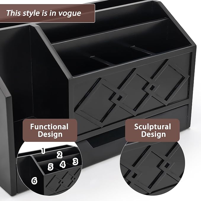 Black Wooden Mail Organizer with Drawer, Three Tiered Desk Accessories for Office Organization and Storage, Stylish Countertop Document Storage, Home/Office/Classroom Supplies (Black02)
