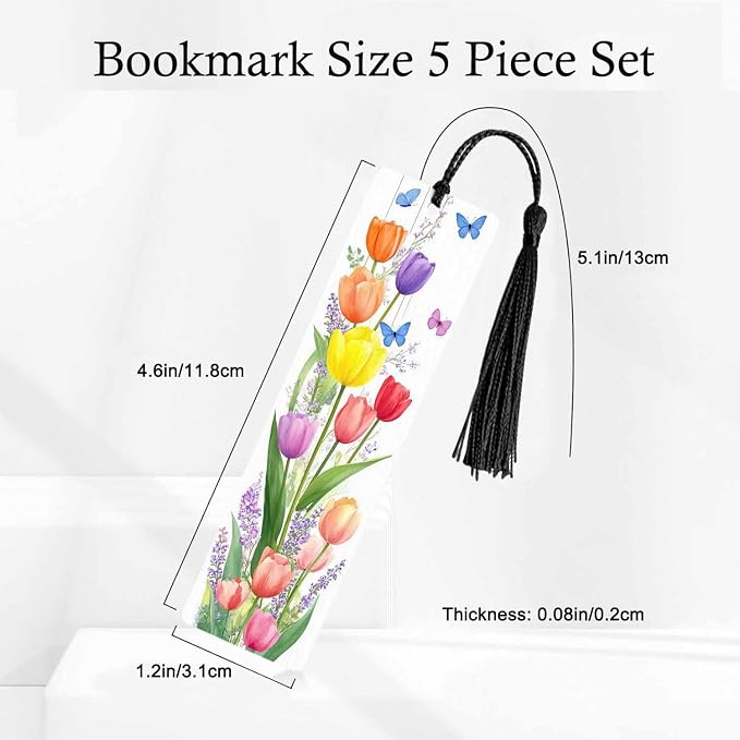 Tulips Flower 5 Pcs Bookmarks Bouquet Art Watercolor Butterflies Wooden Bookmarks with Tassel for Students Reader Teachers Book Lovers