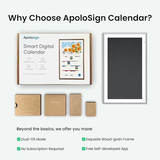 Apolosign 21.5-inch Digital Calendar : Dual Mode Smart Wall Planner, No Subscription, Install Apps, Sync Calendars, Electronic Touchscreen Interactive Display for Family Schedules, Chore Chart (Gray)
