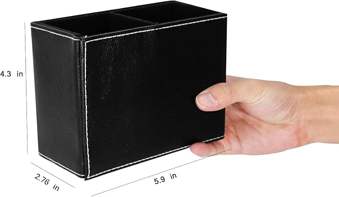 reamsEden PU Leather Pen Holder Cup, 2-Slot Vintage Square Desk Organizer for Office Supplies, Makeup Brushes, Remote Control, Black