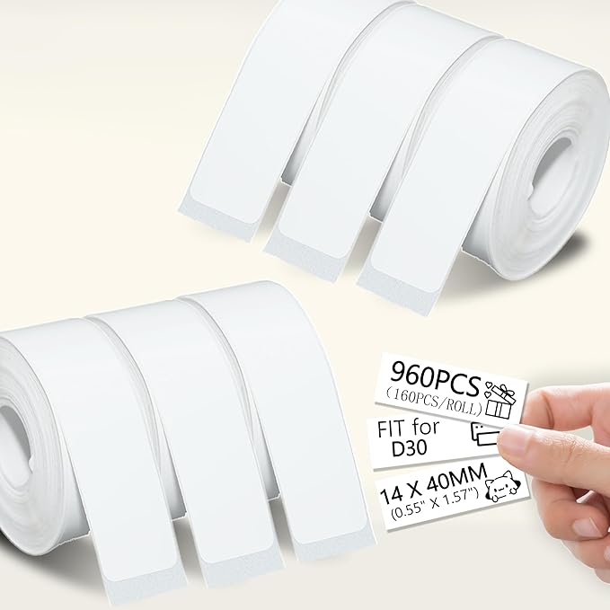 960 Pcs White D30 Label Maker Tape, D30 Label Tape, Thermal Printer Paper, Smart Mini Label Maker Refill for Office, Home, Shcool,14x40mm,160 Labels/Roll, 6 Rolls