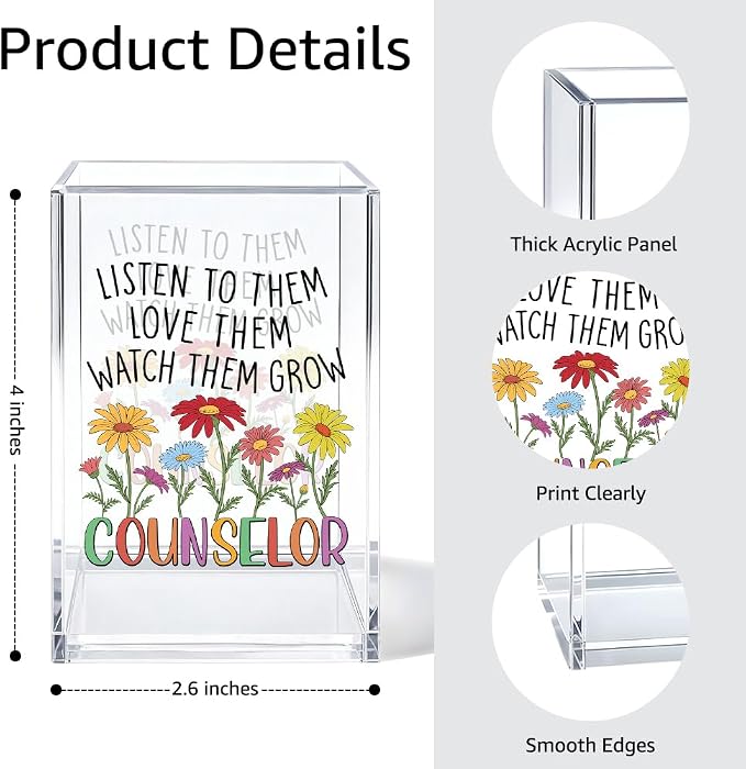 Listen To Them Love Them Counselor Acrylic Pen Holder Cosmetic Organizer, Fun Pencil Pen Holder Desk Accessories for School Counselor Psychology Therapist Teacher, Counselling Appreciation Gifts