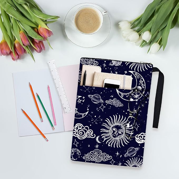 Polyester Book Sleeve Sun Moon Book Cover with Zipper and Front Pocket Birthday Gift for Students Teachers and Books Lovers 13.4inch x 9.45inch 1pc