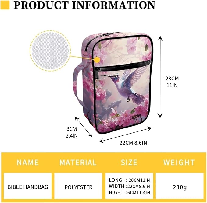 Suobstales Hummingbird Cherry Blossom Print Bible Covers for Women Men,Carrying Book Bible Case Church Bag Lightweight Bible Bag Bible Protective with Handle and Zippered Pocket