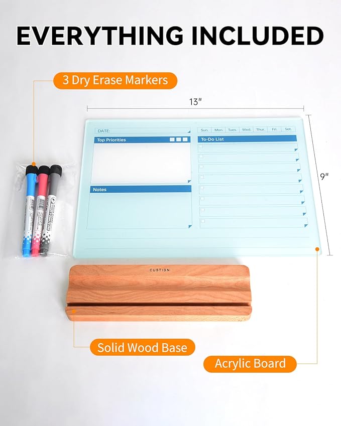 Acrylic Dry Erase to-Do List Board with Solid Wood Base, 9x13 Desktop Whiteboard Planner, Task Organizer for Office/Home/School, Includes 3 Dry Erase Markers (White)