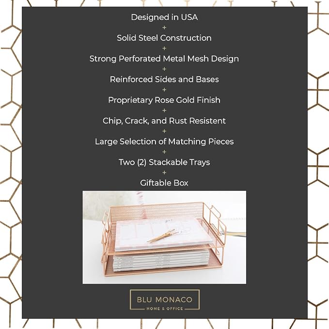 BLU MONACO | Rose Gold Mesh Paper Tray Set of 2 | Stackable Letter Trays for Desk Organization | Durable Metal Document Holder & Workspace File Storage