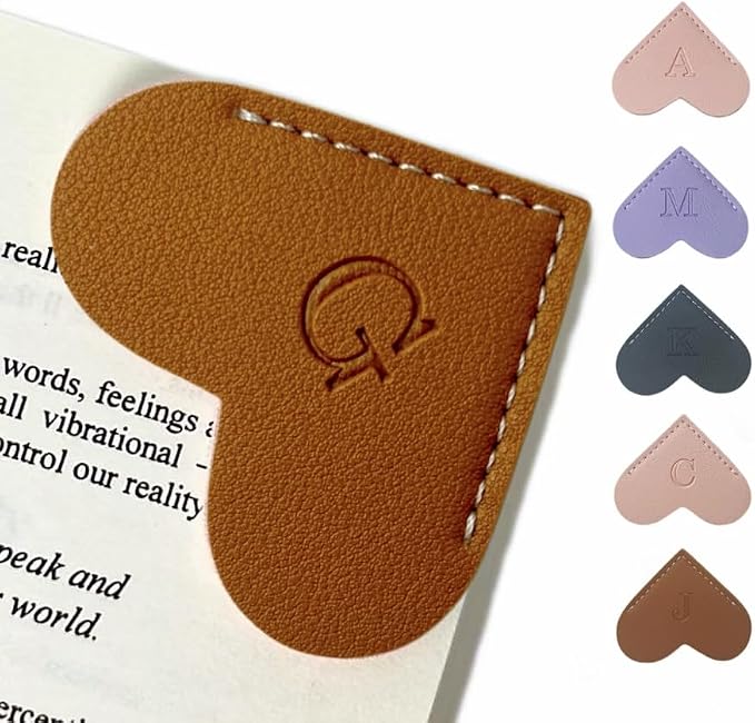 Personalized Leather Book Marks, Heart Bookmark, Unique Cute Handmade Letter Bookmarks Accessories for Reading Women, Teacher, Student, Book Lovers Book Mark Gifts (Brown, G)