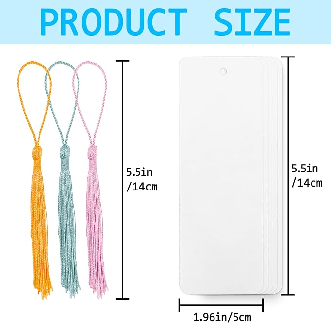 DSYIL 100 Set Blank Bookmarks with Colorful Tassels, White Cardstock Bookmarks Bulk, Craft Paper Book Marks for DIY Projects and Gifts Tags, 5.5 x 2 Inch