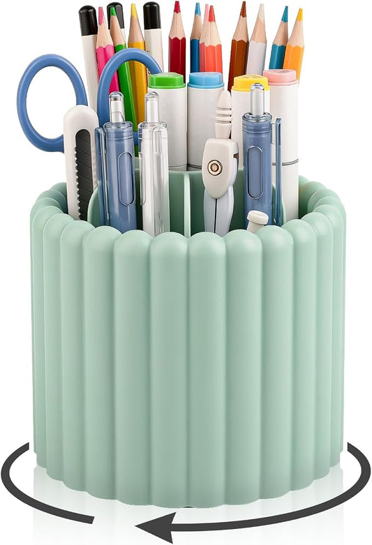 Anyoifax 360° Rotating Pen Holder 7 Slots Desk Organizer Removable Pencil Cup Plastic Art Supplies and Accessories Desktop Storage Box Caddy for Office, School, Home (Green)